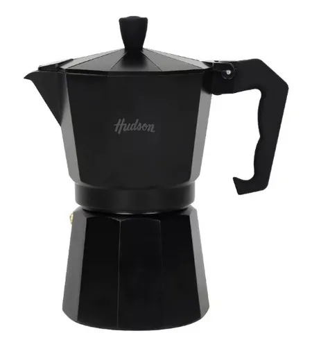 Foto de una cafetera Hudson italiana de aluminio negro